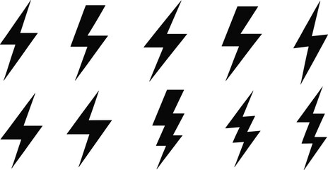 Black lightning bolt icons set, thunderbolt energy symbol, electricity power sign, electric flash, storm lightning, energy logo illustration