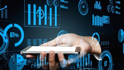 A hand holding a smartphone surrounded by digital analytics and business data. The image captures technological innovation and modern communication in a vibrant setting. Xenic
