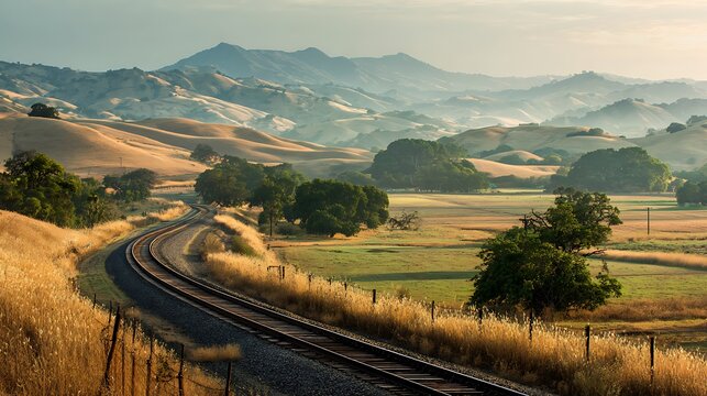 Scenic Railroad Journey: A picturesque train track winds its way through rolling hills and fields under a soft morning haze, leading the eye toward distant mountains and offering a feeling of journey