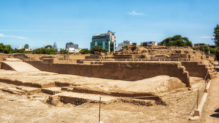 The Huaca Pucllana pyramid in Lima, Peru, is an ancient archaeological site known for its step-like structure and cultural significance