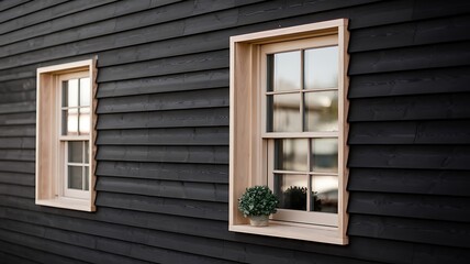 A Pair of Elegant, Light-Colored Wooden Windows on a Dark Exterior Wall