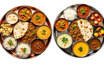  indian food thali with various curries, rice, naan, and dal isolated on transparent background