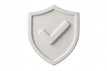 White 3d shield displaying checkmark, representing cybersecurity protection, floating against transparent backdrop