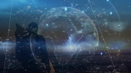 Traveler standing shoreline gazing at sea activating globe hologram spinning visualizing tech data - Powered by Adobe