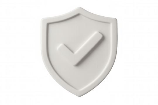 White 3d shield displaying checkmark, representing cybersecurity protection, floating against transparent backdrop