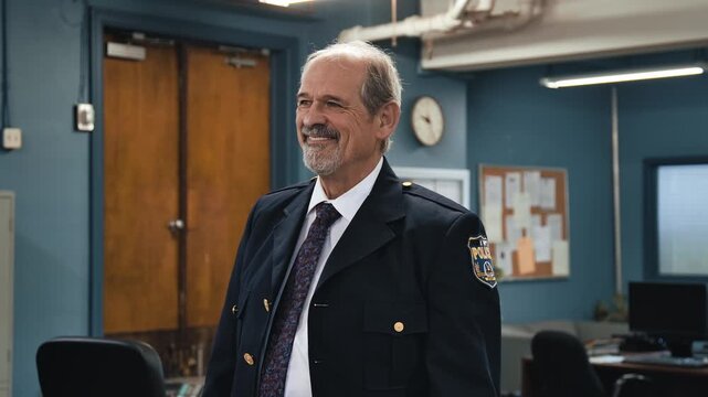 Cop boss giving thumbs up in precinct