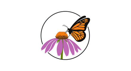 Monarch butterfly on a purple coneflower in a circle.