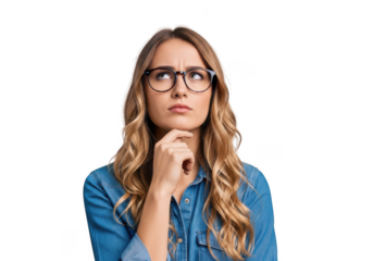 Young woman wearing glasses deep in thought contemplating a decision or problem transparent background