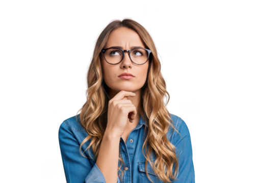 Young woman wearing glasses deep in thought contemplating a decision or problem transparent background