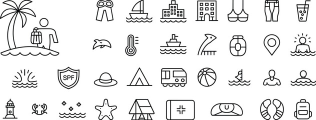Travel and vacation icon set with beach, island, camping, swimming, hotel, ship, summer activities, backpack, holiday, tourism