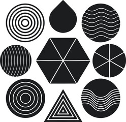 Minimalistic abstract 8-piece black shape bundle, solid black circles, triangles, waves, spirals, and polygons, unique asymmetric layout, clean vector-ready, white background, no text.