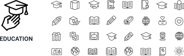 Education and learning icon set with graduation cap, book, pencil, globe, diploma, school study, university, academic knowledge illustration