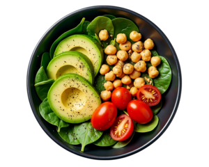  healthy avocado and chickpea salad with cherry tomatoes and spinach in a bowl, isolated on transparent background