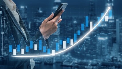 A business professional analyzes financial growth using a smartphone in a night cityscape setting, highlighting data trends with a modern bar graph. Copula