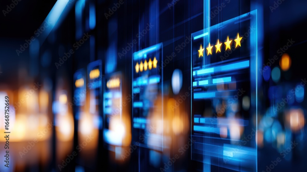 Wall mural digital interface displaying glowing reviews with five stars and blurred city lights in the backgrou