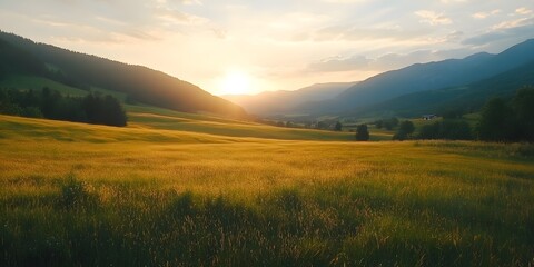Mountain Valley During Sunrise with Scenic Natural Summer Landscape, sunrise in the mountains