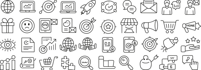 Marketing and business icons set, digital marketing, SEO, e-commerce, analytics, advertising, social media, growth strategy, sales, communication vector