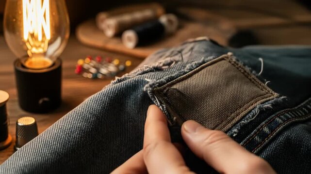 Detailed studio shot of hands sewing a patch on denim fabric with warm lighting