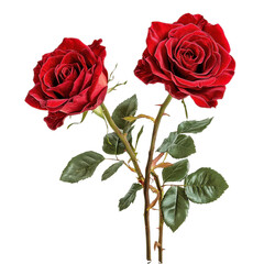 Double red roses isolated on a white transparent Background, PNG illustration for floral design projects, romantic decor, and elegant botanical artworks