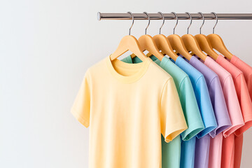 Obraz premium A row of pastel colored t-shirts hang neatly on wooden hangers against light background. Perfect for fashion blog, clothing store promotion, style illustration, wardrobe concept with space for text
