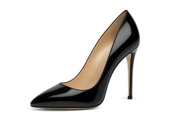 A sleek black high-heeled shoe with a pointed toe and a shiny finish. Concept Sleek Design, High Heel Fashion, Pointed Toe Style, Shiny Finish, Elegant Footwear