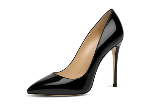 A sleek black high-heeled shoe with a pointed toe and a shiny finish. Concept Sleek Design, High Heel Fashion, Pointed Toe Style, Shiny Finish, Elegant Footwear