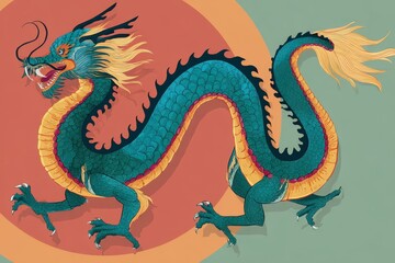 Fototapeta premium Majestic Teal Dragon Illustration with Golden Mane and Circular Background