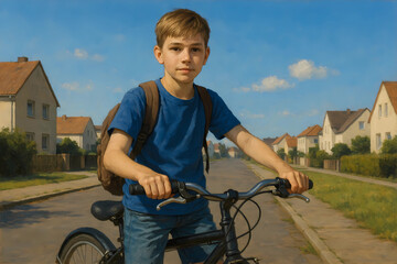 Schuljunge mit Schulranzen und Fahrrad in einer Stadtrandsiedlung unterwegs
