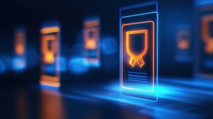 Futuristic digital badges glowing in a dark environment with blue and orange highlights, showcasing technology