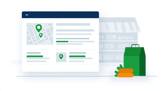 Digital interface showcasing a location-based service with a map and grocery items in the foreground