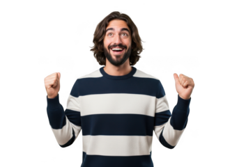 Joyful man celebrating success with fists pumped expressing triumph and achievement transparent background