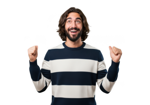 Joyful man celebrating success with fists pumped expressing triumph and achievement transparent background