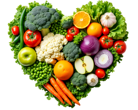  a heart shape arrangement of fresh vegetables and fruits, including a cut apple isolated on transparent background