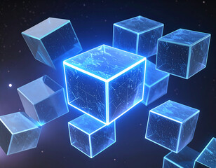 Abstract composition featuring glowing, translucent blue cubes floating in space.