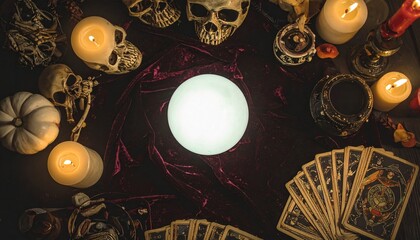 Glowing crystal ball with skulls, candles, and tarot cards on dark velvet, forming a mystical scene for fortune-telling and occult inquiry