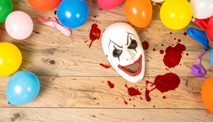 Creepy Clown Mask with Balloons and Blood Splatter on Wooden Floor