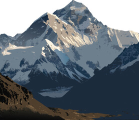 Mount Everest, the tallest mountain in the world, rising high above the Himalayas. Snow-covered peak glistening under sunlight, dramatic rocky slopes, and clouds swirling around the summit. Maje