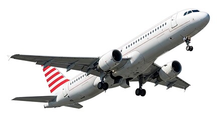 Obraz premium Commercial airplane soars through the sky with landing gear extended against a transparent backdrop