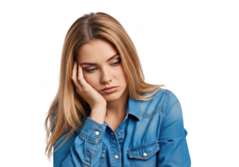 Young woman with blonde hair expressing sadness and boredom with hand on her cheek transparent background