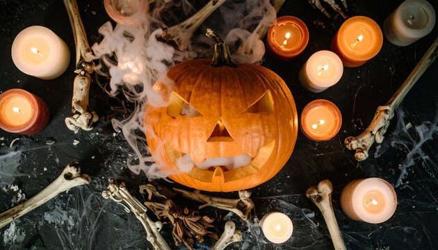 Spooky Halloween Scene Carved Pumpkin with Smoke and Candles Amidst Bones