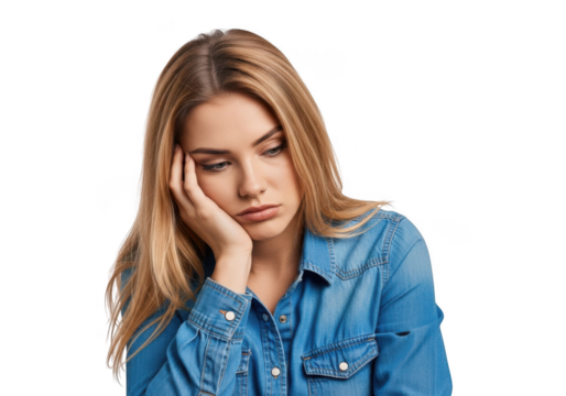 Young woman with blonde hair expressing sadness and boredom with hand on her cheek transparent background