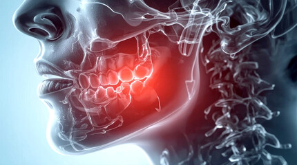 medical illustration showing a semi-transparent side view of a human jaw and teeth, with two red-glowing wisdom teeth impacted at an angle, indicating pain, infection, or a dental issue