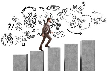 Isolated man in suit walks up concrete steps with hand-drawn business doodles on white background,...
