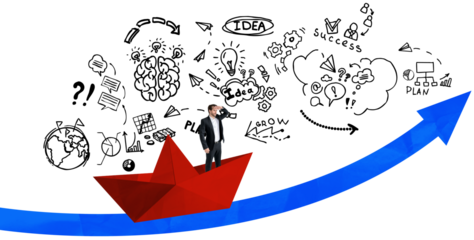 Isolated man in suit on red paper boat riding upward blue arrow with hand-drawn business icons on white background, symbolizing success and planning concept