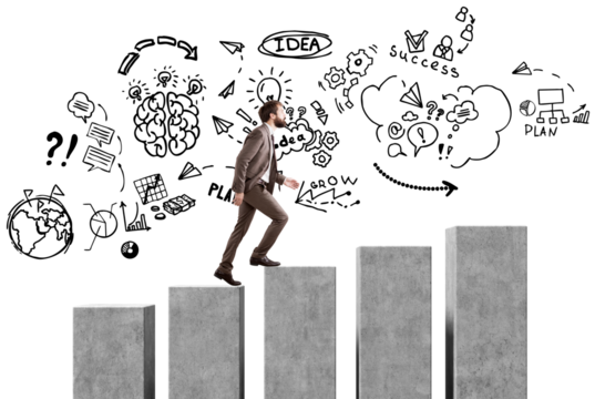 Isolated man in suit walks up concrete steps with hand-drawn business doodles on white background, concept of personal development and progress