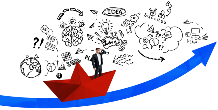 Isolated man in suit on red paper boat riding upward blue arrow with hand-drawn business icons on white background, symbolizing success and planning concept