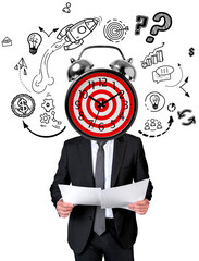 Isolated man in formal suit holding papers, with alarm clock target head, surrounded by business...