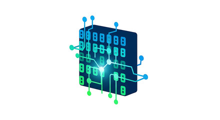 Illustration of a dark blue data matrix connected by green and blue lines on a white background