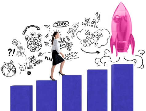 Isolated woman in business attire climbing blue bars with hand-drawn business doodles and pink rocket on white background, symbolizing entrepreneurship success