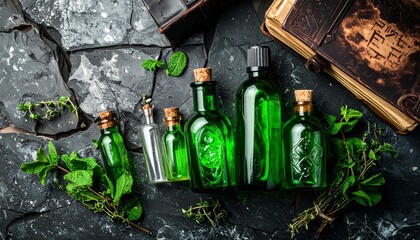Crafting natural elixirs and herbal remedies with antique green bottles, fresh mint, and a book of ancient secrets